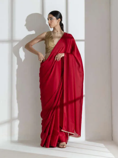 Milano Red Satin Saree with Diamond Lace With Red Blouse Fabric