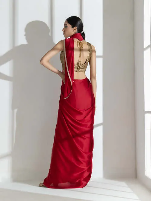 Milano Red Satin Saree with Diamond Lace With Red Blouse Fabric