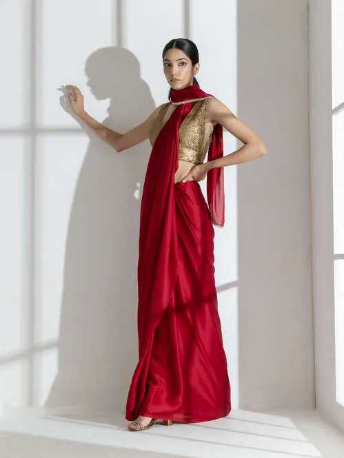 Milano Red Satin Saree with Diamond Lace With Red Blouse Fabric