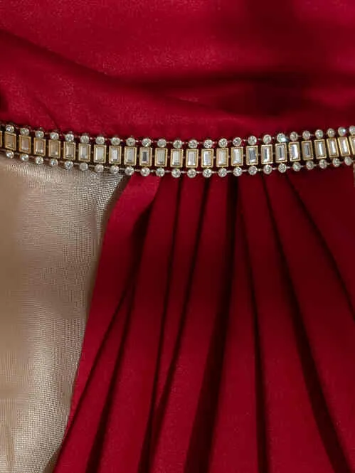 Milano Red Satin Saree with Diamond Lace With Red Blouse Fabric