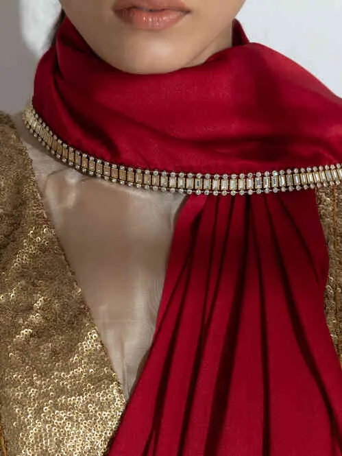 Milano Red Satin Saree with Diamond Lace With Red Blouse Fabric