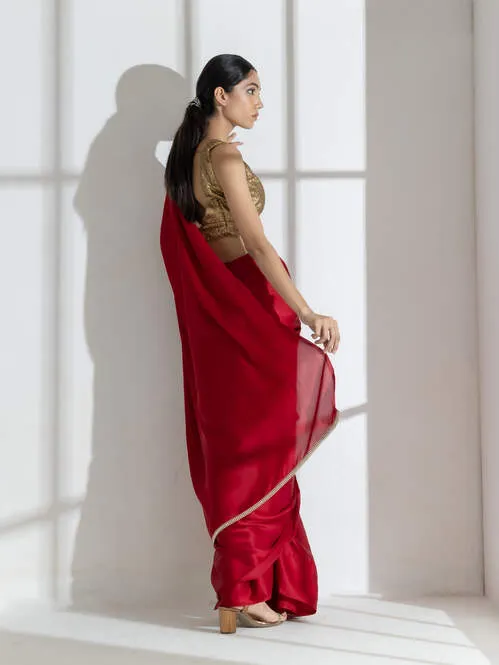 Milano Red Satin Saree with Diamond Lace With Red Blouse Fabric