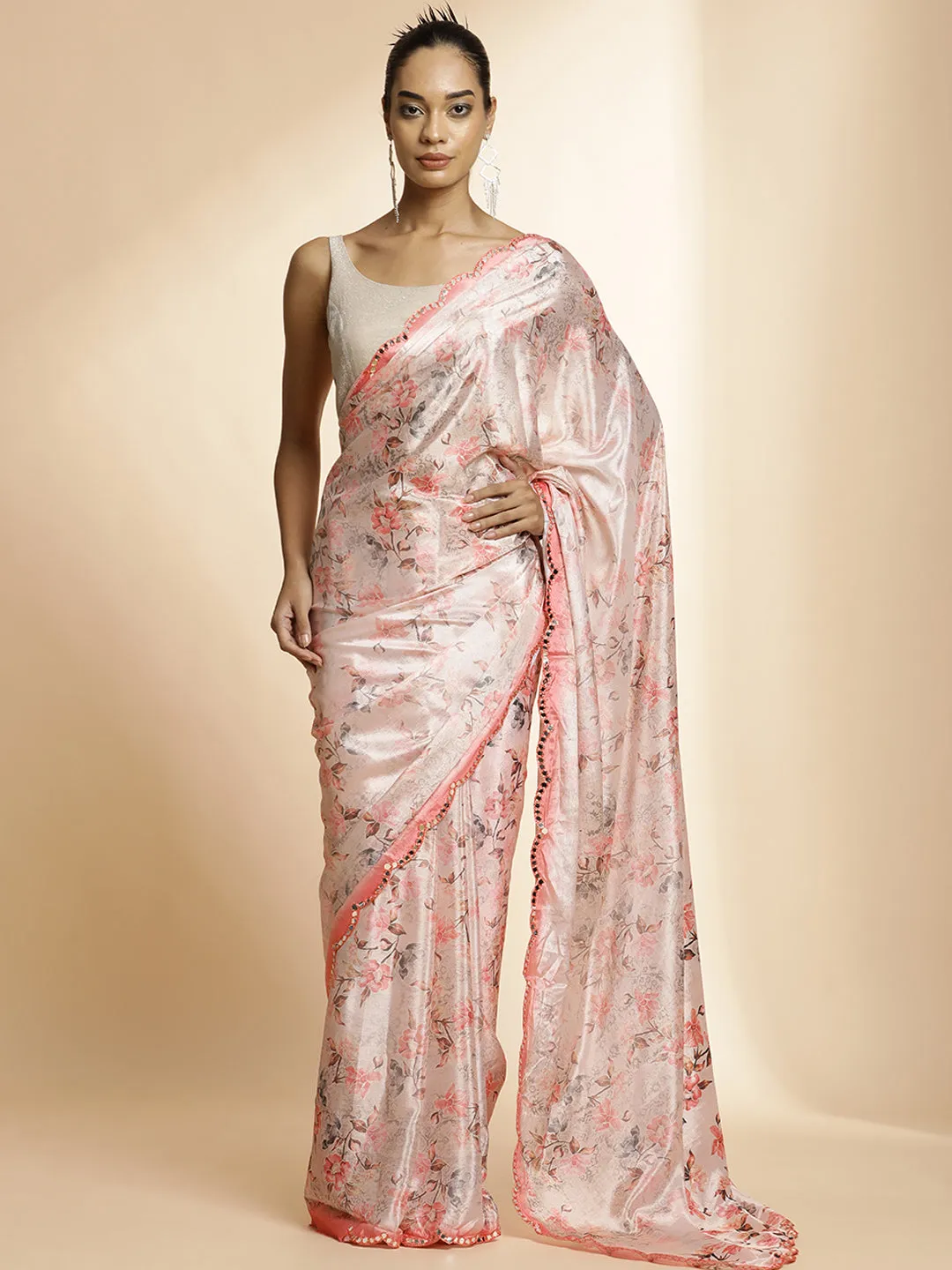Mirror Work Satin Floral Printed Saree