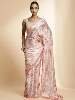 Mirror Work Satin Floral Printed Saree
