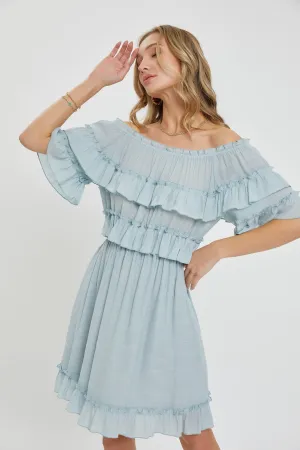 Misty Blue Off Shoulder Ruffle Knee Length Dress