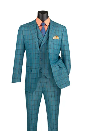 Modern Fit Windowpane Suit 3 Piece Teal MV2W-4