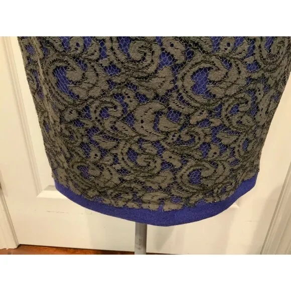 MSGM Blue Pencil Skirt W/ Black Floral Overlay, Size 12 (US)