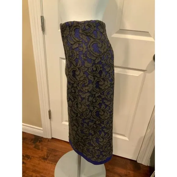MSGM Blue Pencil Skirt W/ Black Floral Overlay, Size 12 (US)