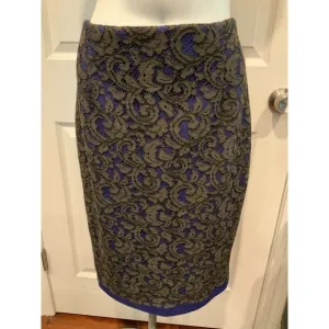 MSGM Blue Pencil Skirt W/ Black Floral Overlay, Size 12 (US)