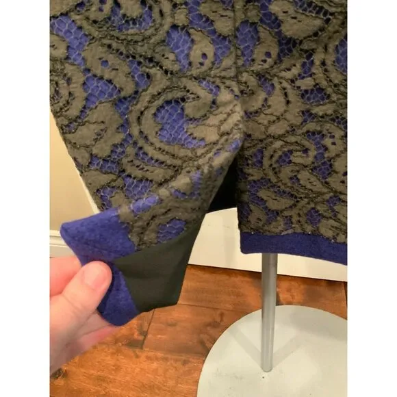 MSGM Blue Pencil Skirt W/ Black Floral Overlay, Size 12 (US)