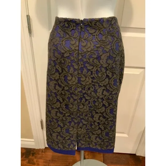 MSGM Blue Pencil Skirt W/ Black Floral Overlay, Size 12 (US)