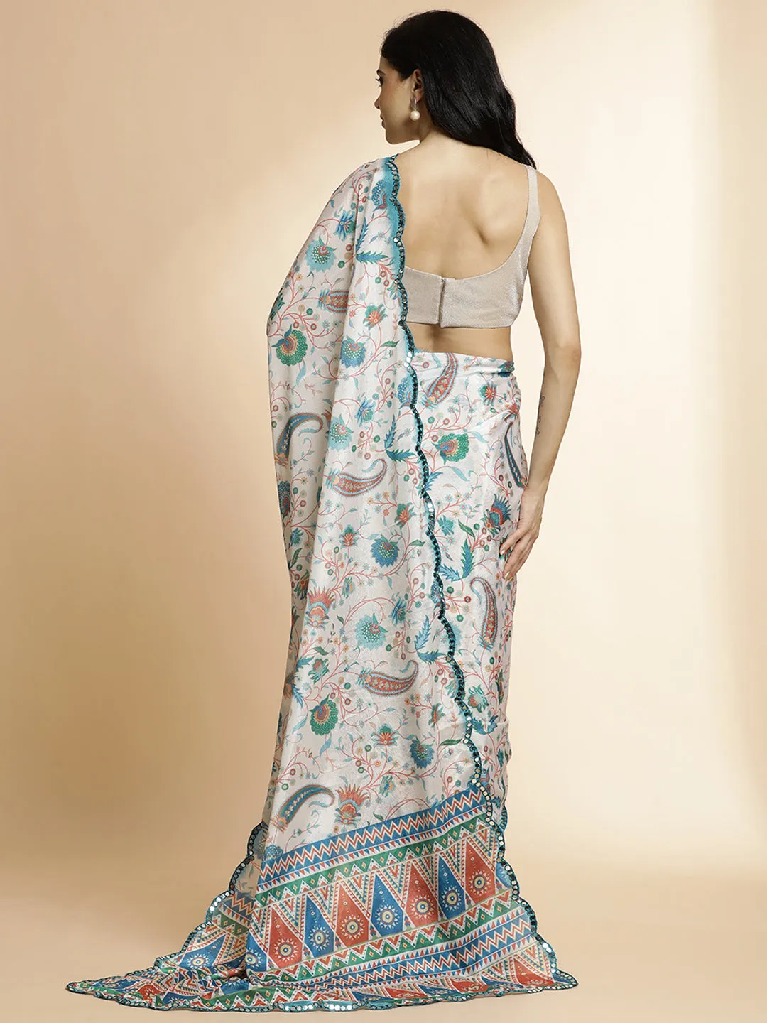 Multicolor Printed Mirror Work Satin Saree