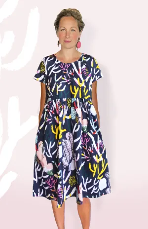 Navy Coral Garden 100% Organic Cotton Pleated Dress