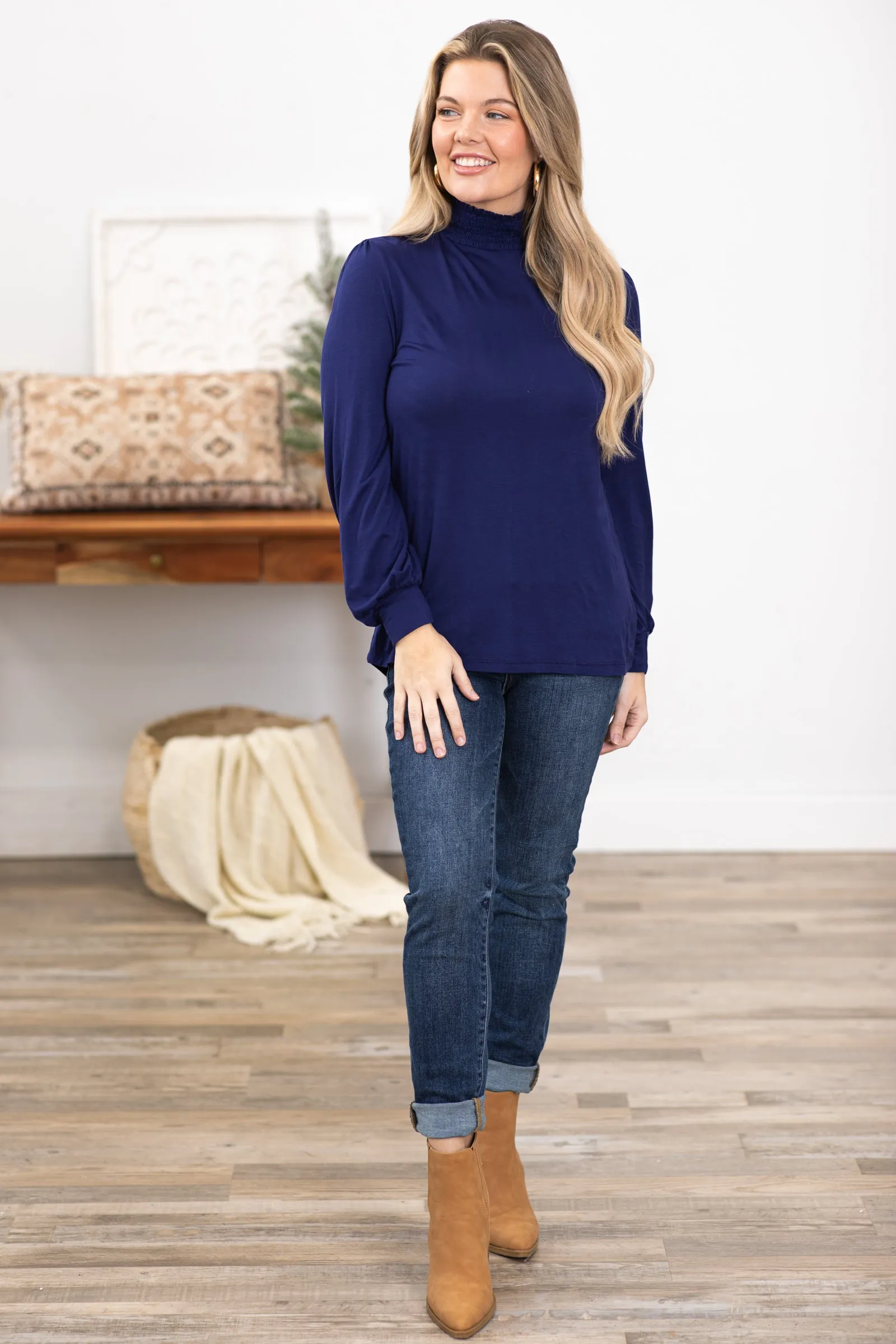 Navy Smocked Turtleneck Top