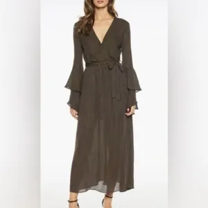 NWT Bardot Loretta Wrap-Look Stripped Maxi Dress Size 12 Ruffle Sleeves Boho