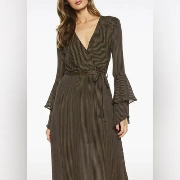 NWT Bardot Loretta Wrap-Look Stripped Maxi Dress Size 12 Ruffle Sleeves Boho