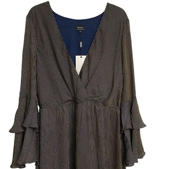 NWT Bardot Loretta Wrap-Look Stripped Maxi Dress Size 12 Ruffle Sleeves Boho