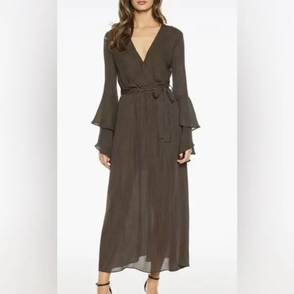 NWT Bardot Loretta Wrap-Look Stripped Maxi Dress Size 12 Ruffle Sleeves Boho