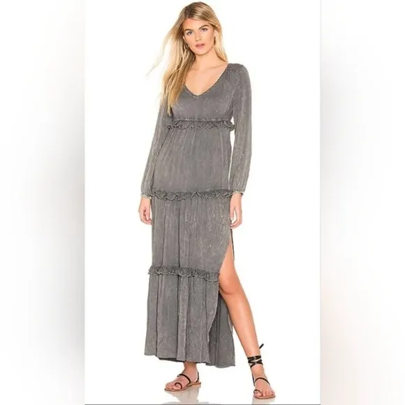 NWT Chaser Long Sleeve V Neck Ruffle Maxi dress in Flax Cloud Wash medium