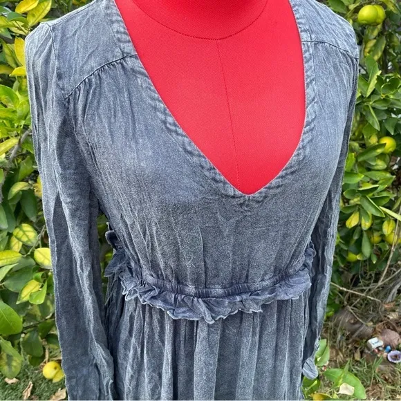 NWT Chaser Long Sleeve V Neck Ruffle Maxi dress in Flax Cloud Wash medium