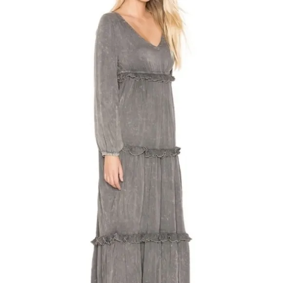 NWT Chaser Long Sleeve V Neck Ruffle Maxi dress in Flax Cloud Wash medium