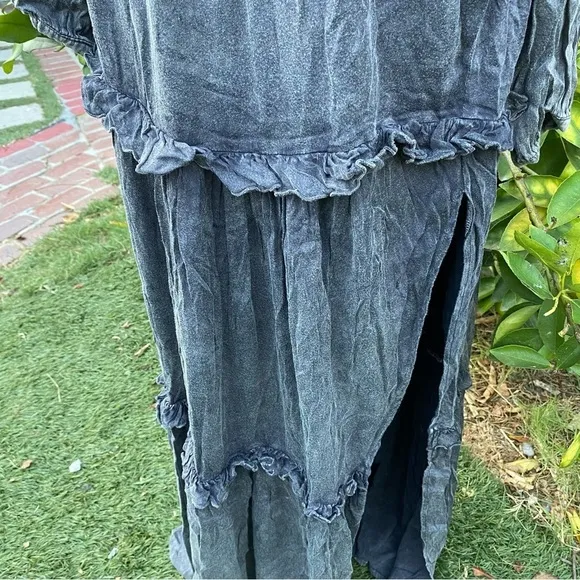 NWT Chaser Long Sleeve V Neck Ruffle Maxi dress in Flax Cloud Wash medium