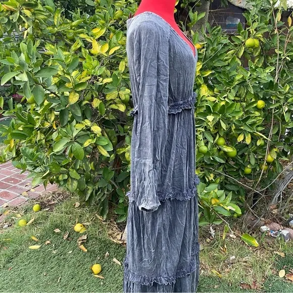 NWT Chaser Long Sleeve V Neck Ruffle Maxi dress in Flax Cloud Wash medium