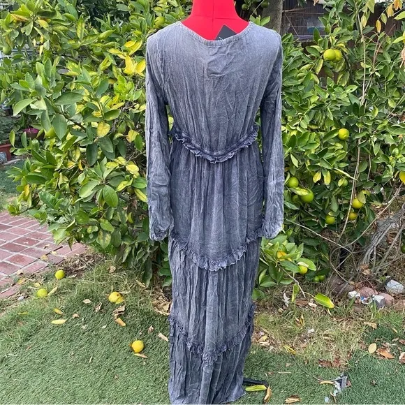 NWT Chaser Long Sleeve V Neck Ruffle Maxi dress in Flax Cloud Wash medium