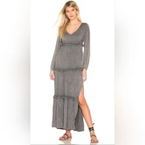 NWT Chaser Long Sleeve V Neck Ruffle Maxi dress in Flax Cloud Wash medium