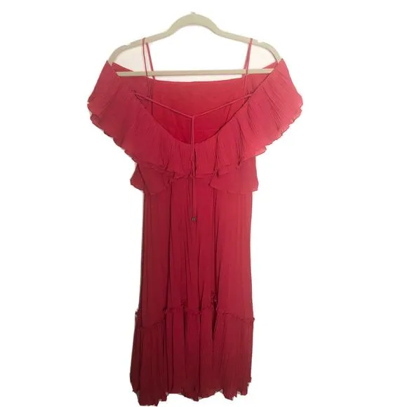 NWT Halston Women’s Sz XS Red Cold Shoulder Pleated Ruffle Dress