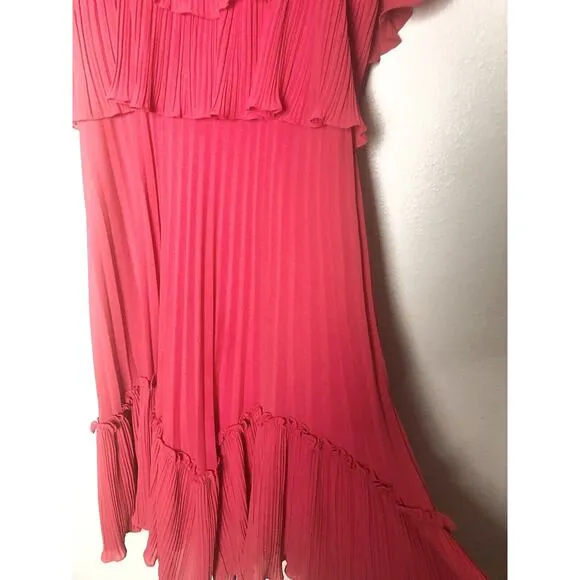 NWT Halston Women’s Sz XS Red Cold Shoulder Pleated Ruffle Dress