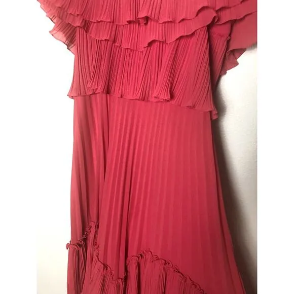 NWT Halston Women’s Sz XS Red Cold Shoulder Pleated Ruffle Dress
