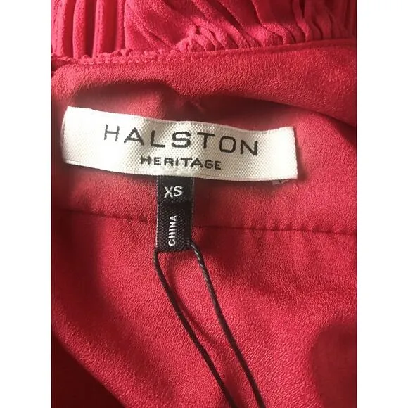 NWT Halston Women’s Sz XS Red Cold Shoulder Pleated Ruffle Dress