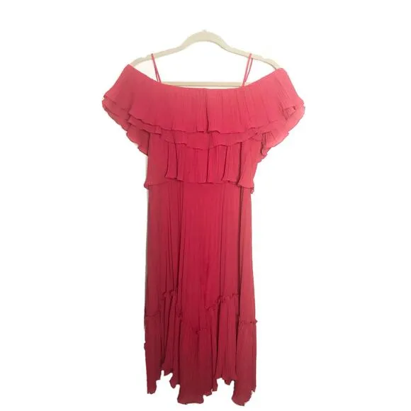 NWT Halston Women’s Sz XS Red Cold Shoulder Pleated Ruffle Dress