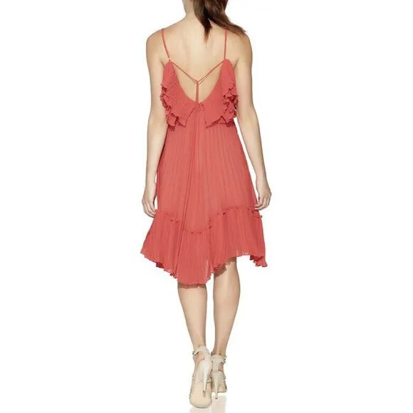 NWT Halston Women’s Sz XS Red Cold Shoulder Pleated Ruffle Dress