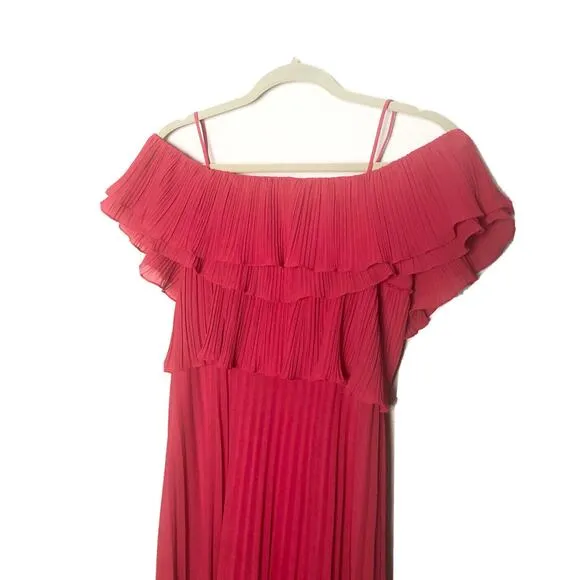 NWT Halston Women’s Sz XS Red Cold Shoulder Pleated Ruffle Dress