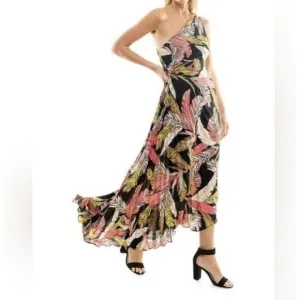 NWT Nicole Miller Sz 16 Leaf Print Pleated Asymmetrical One Shoulder Maxi Dress