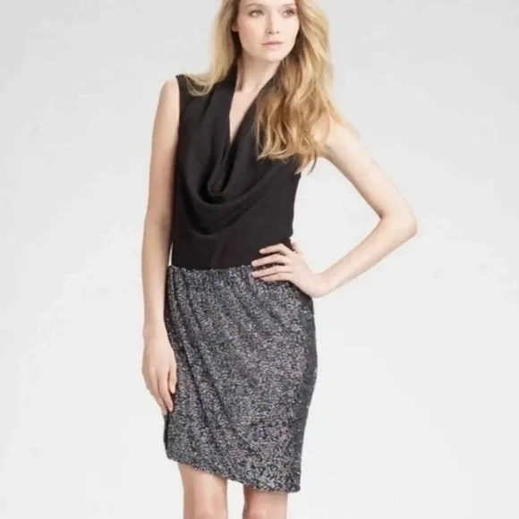 NWT THEORY | Hailey Skirt Black Metallic Sequin Asymmetrical Hem Sz. Large NYE