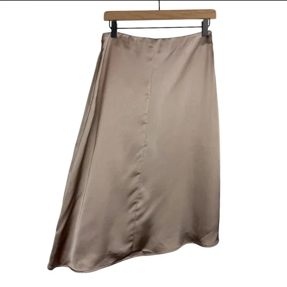NWT Zara Satin Effect Asymmetrical A-line Midi Skirt Sz Small Champagne Tan