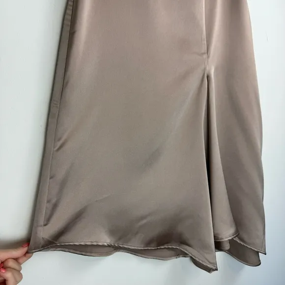 NWT Zara Satin Effect Asymmetrical A-line Midi Skirt Sz Small Champagne Tan