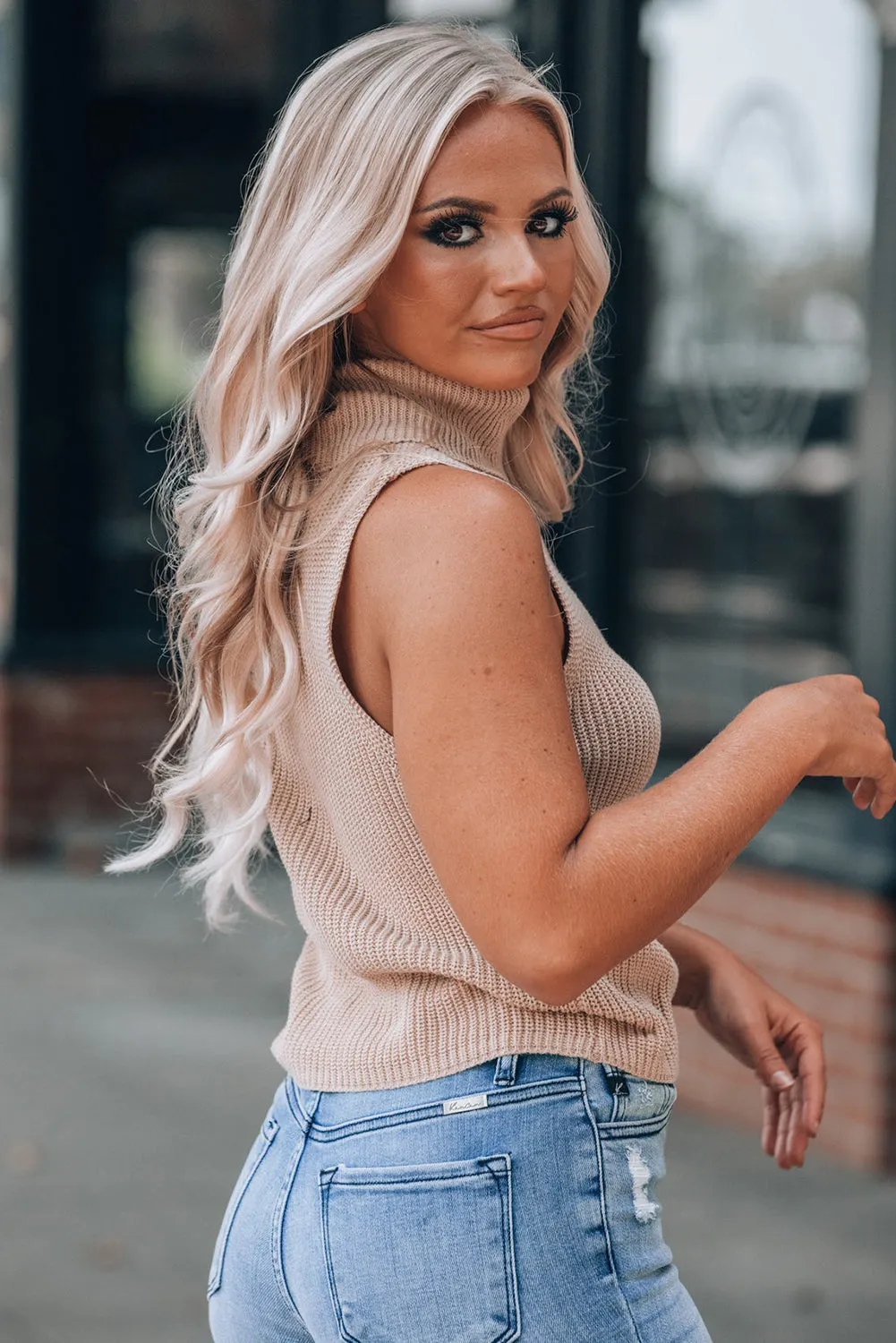 Oatmeal Solid Color Turtleneck Knit Tank Top