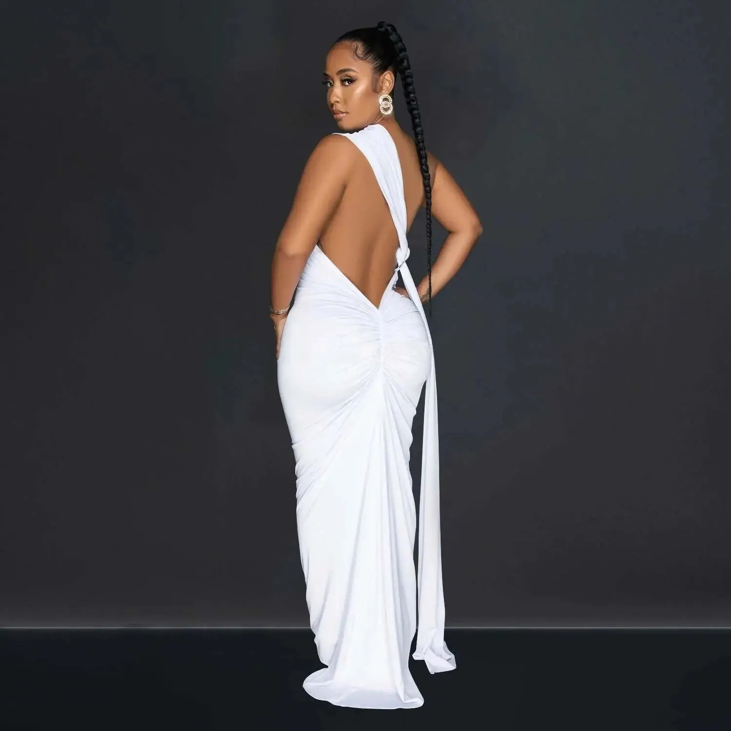 Oblique Collar Sleeveless Backless Pleated Wrap Dress