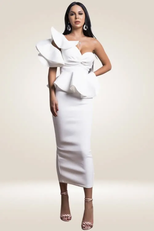 Off The Shoulder Ruffle White Bodycon Midi Dress
