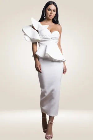Off The Shoulder Ruffle White Bodycon Midi Dress