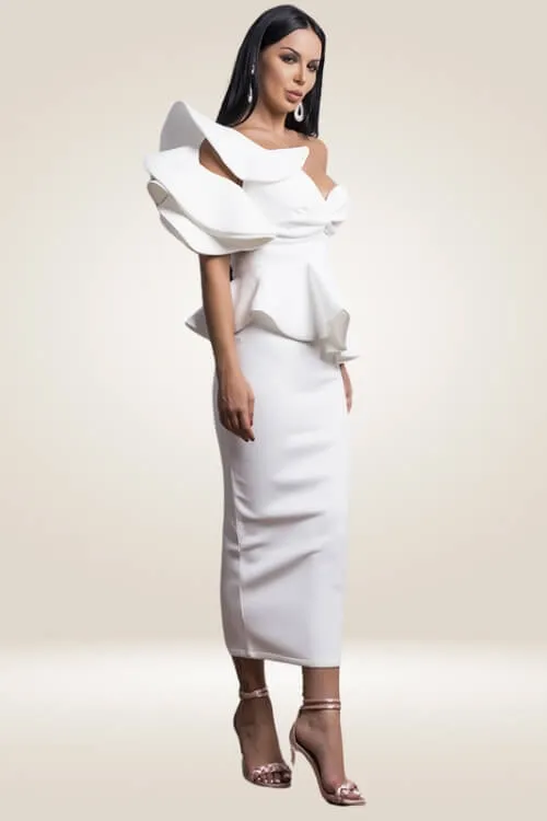 Off The Shoulder Ruffle White Bodycon Midi Dress