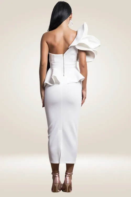 Off The Shoulder Ruffle White Bodycon Midi Dress