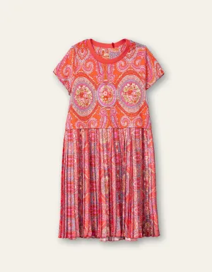 OILILY City Rose Girls Coral & Pink Paisley Pleated Dress - CLEARANCE SALE