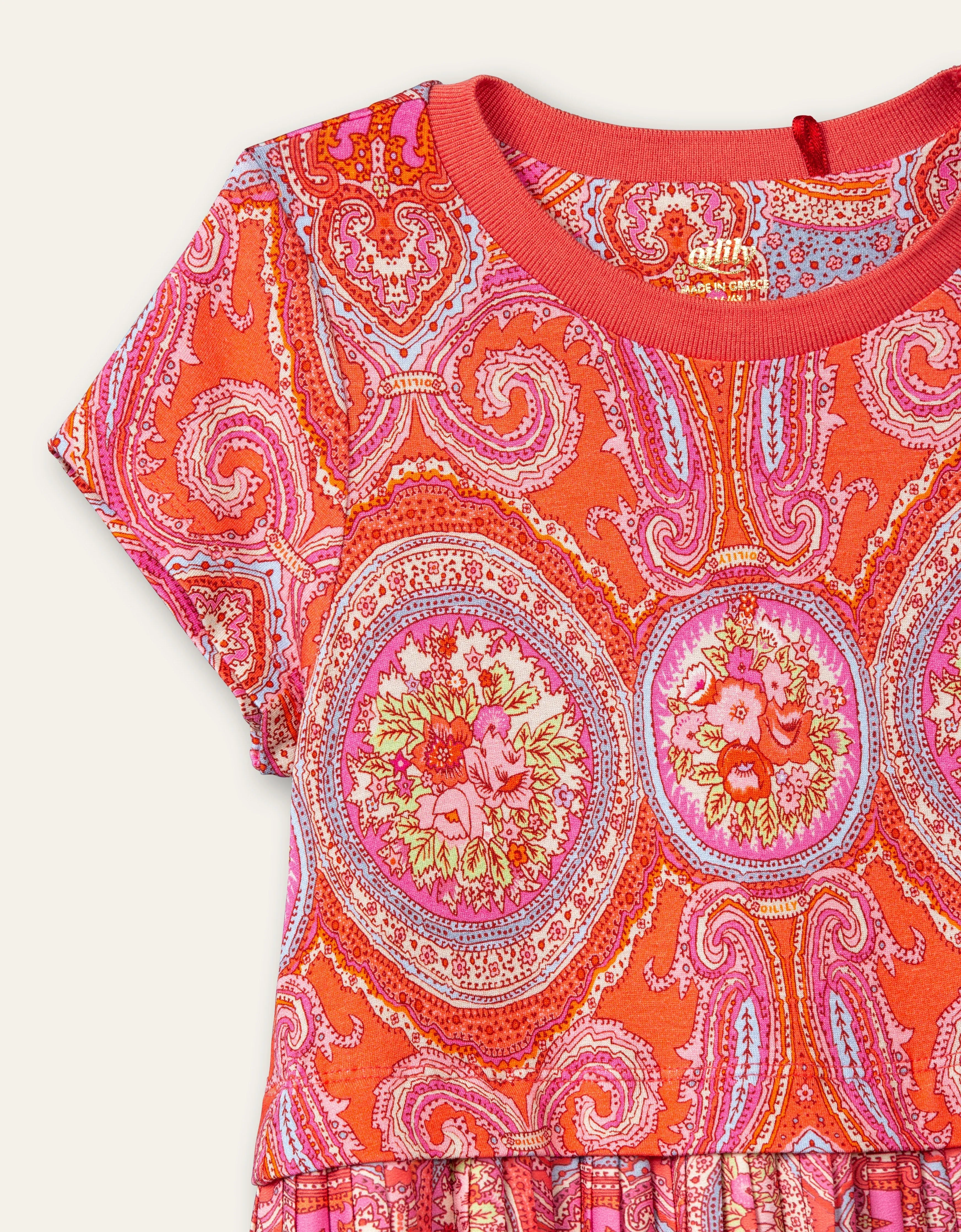 OILILY City Rose Girls Coral & Pink Paisley Pleated Dress - CLEARANCE SALE