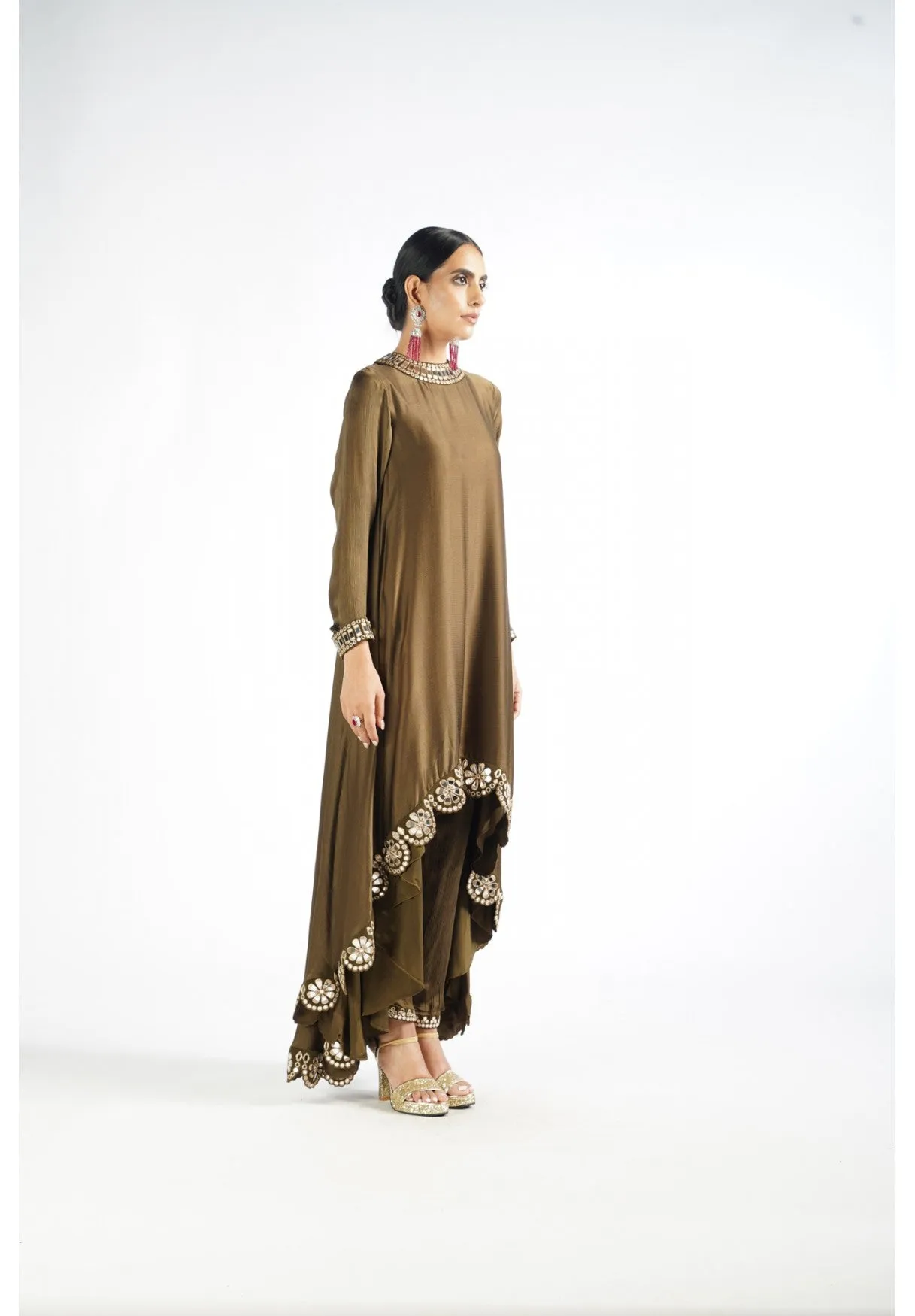 Olive Green Scallop Pant Kurta Set