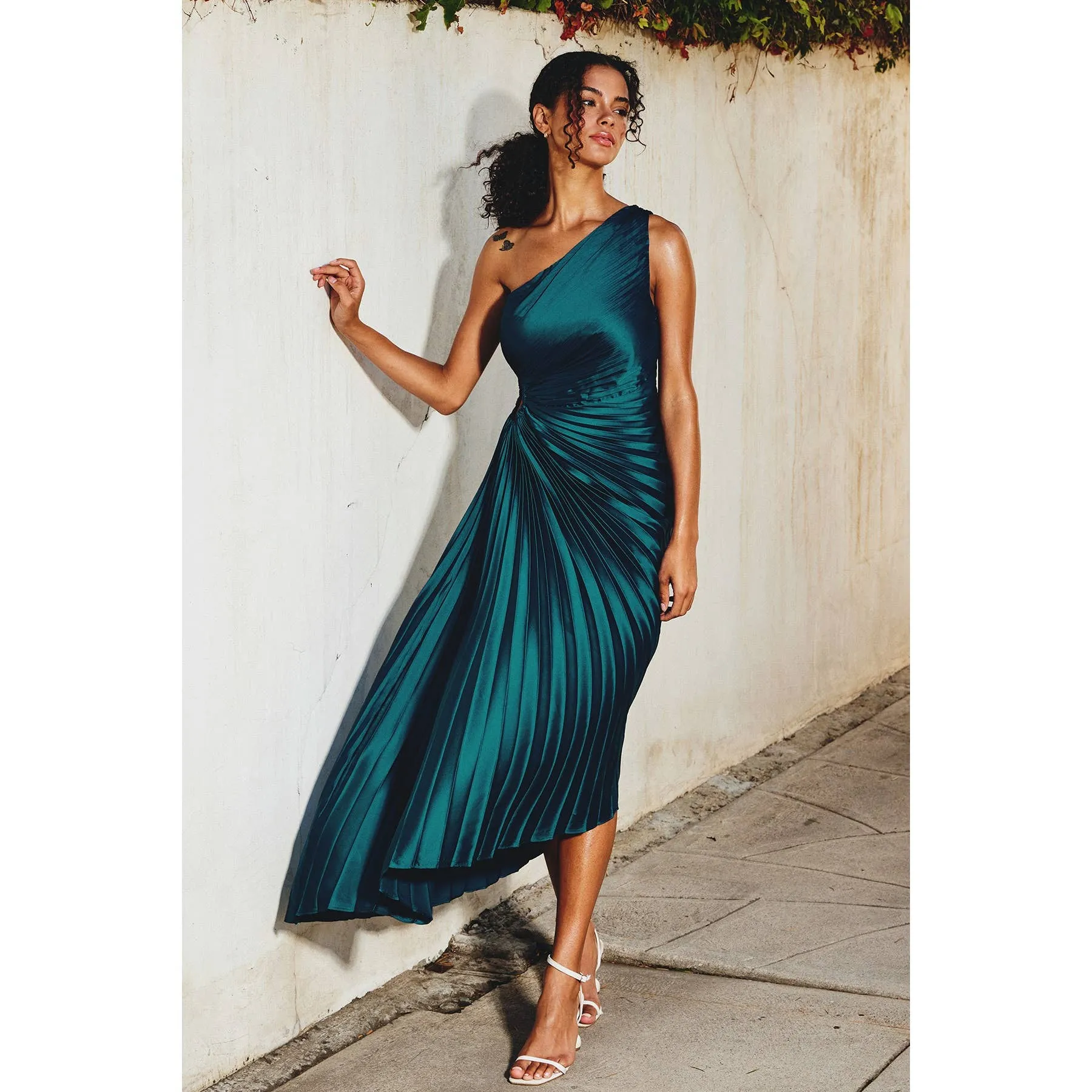 Olympia Asymmetrical Pleated Maxi Dress